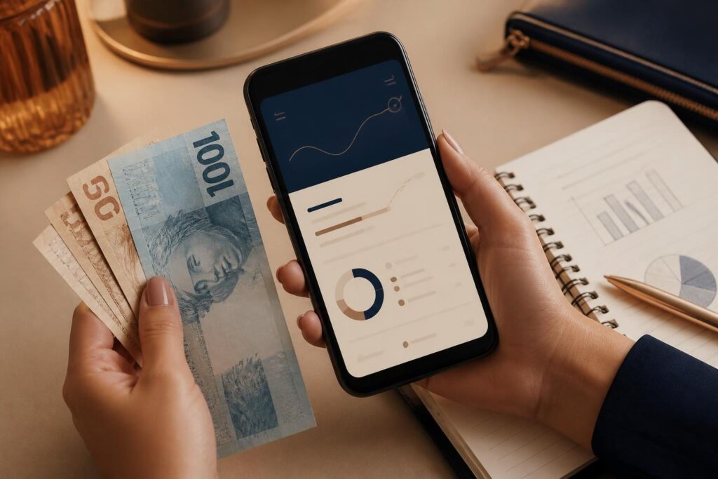 Mãos segurando dinheiro e celular com app financeiro