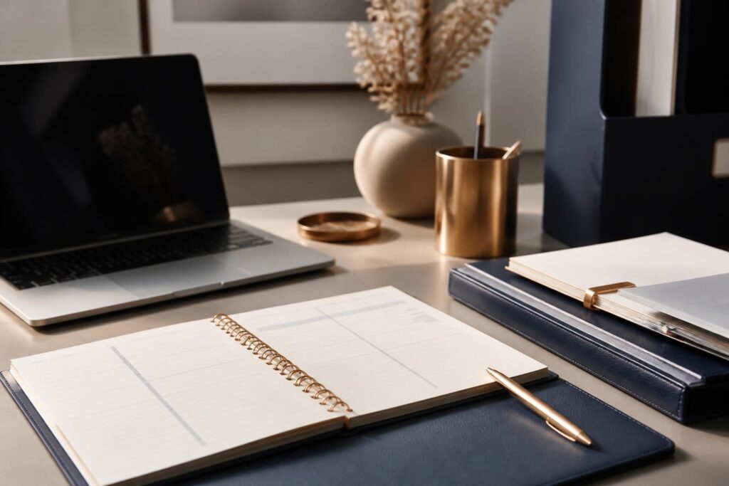 Agenda aberta e notebook em mesa de escritório organizada