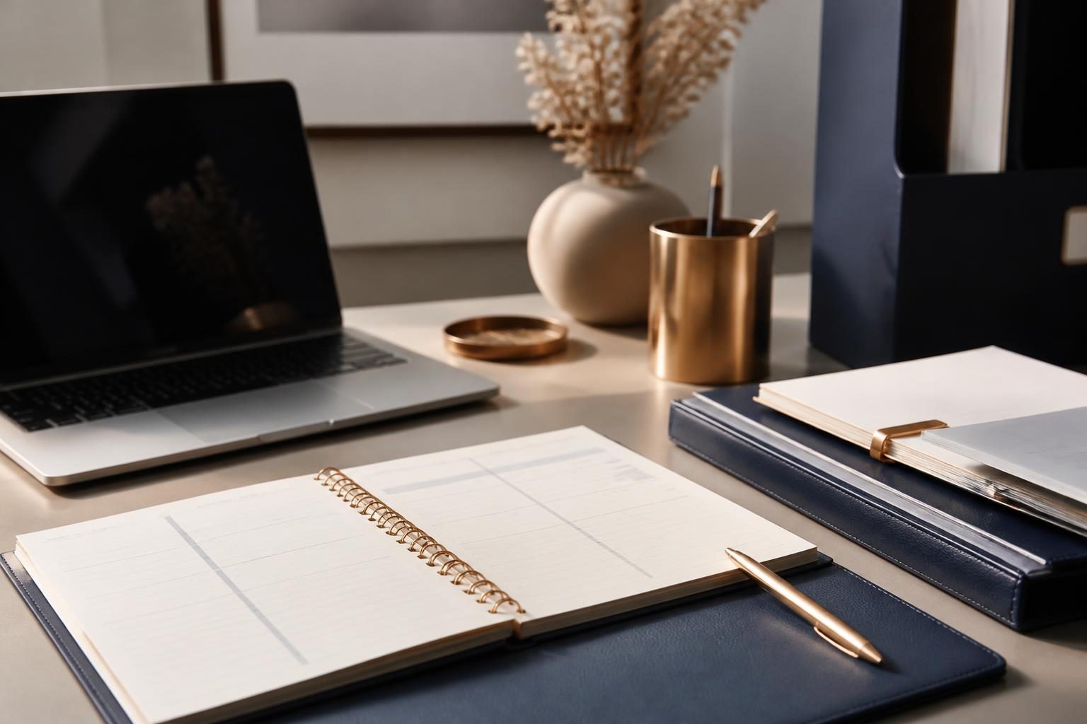 Agenda aberta e notebook em mesa de escritório organizada