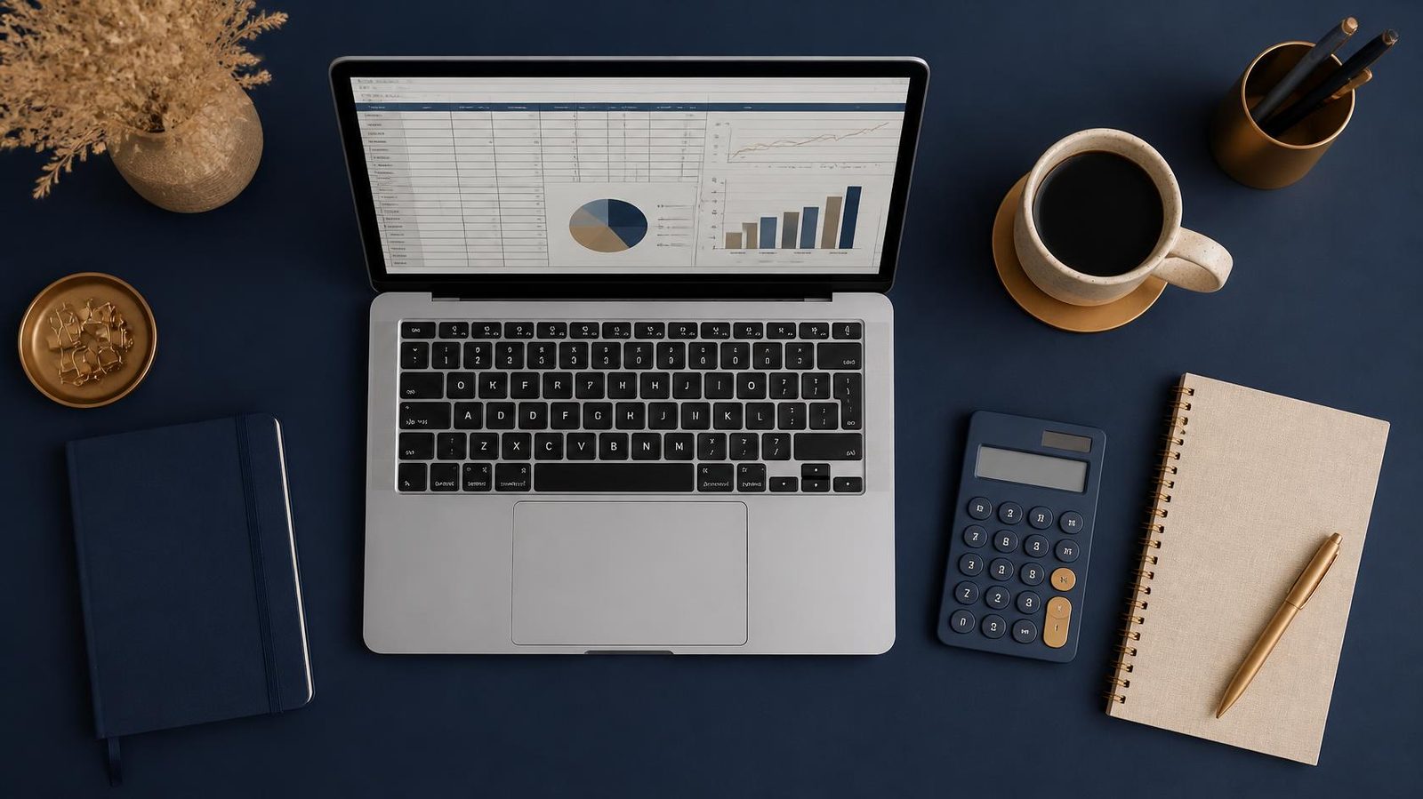 Mesa com notebook exibindo planilha, calculadora e caderno